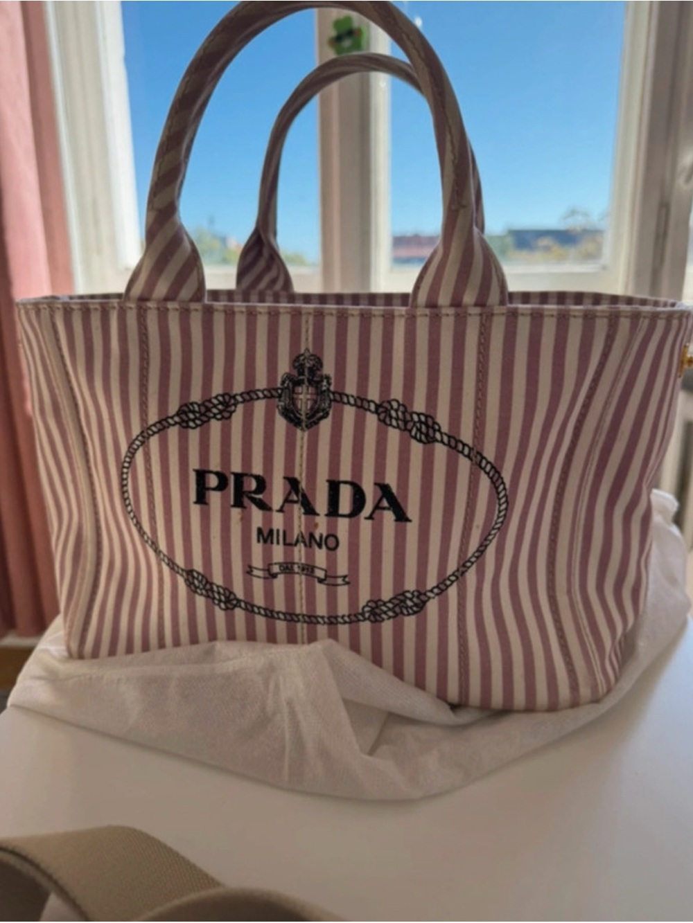 Prada Pink and White Striped Canvas Tote with Black Logo